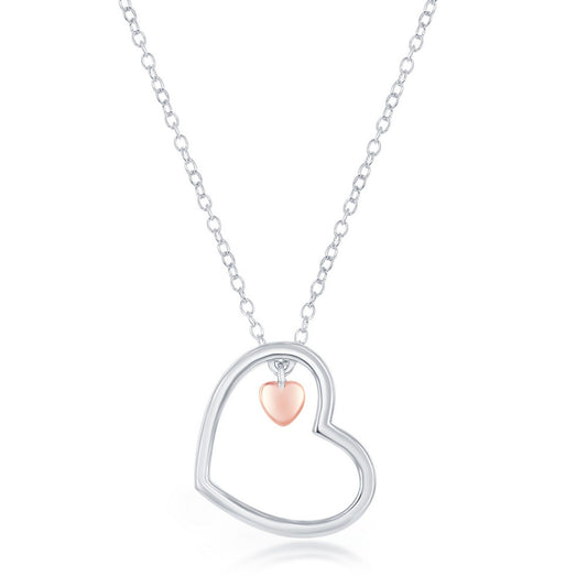 Sterling Silver Open Heart with Small Rose Gold Heart Charm Necklace