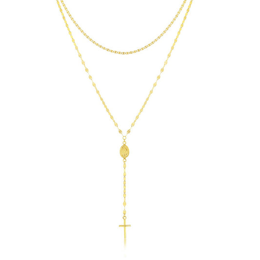 Sterling Silver Layered Flat Mirror and Mariner Rosary Chain - Gold Plated