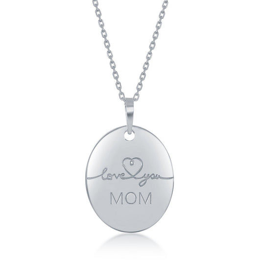 Sterling Silver Engraved  Love You Mom Oval Necklace