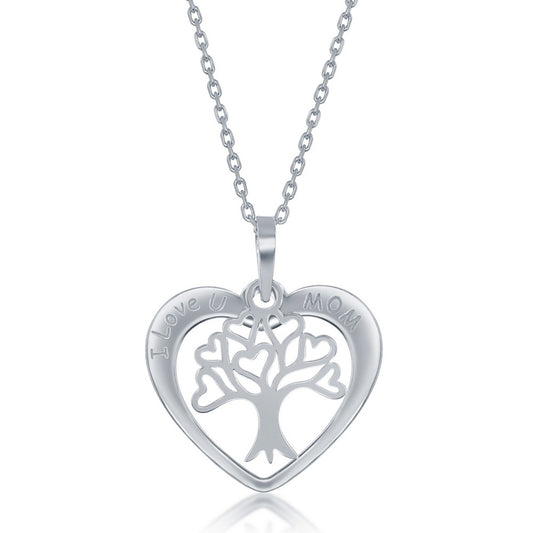 Sterling Silver I Love u Mom Heart With  Tree of Life Charm Necklace
