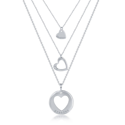 Sterling Silver 3PC Generation-Hearts Necklace Set - 18+2 Inch Grandma 16+2 Inch Mom', 14+2 Daughter'