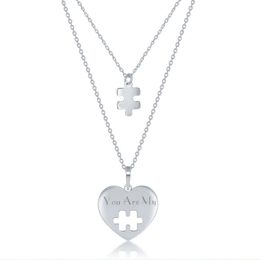 Sterling Silver 2PC, Puzzle Piece Necklace Set - 16+2 Inch You Are My Heart, 14+2 Puzzle Piece