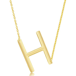 Sterling Silver (35MM) Large Sideways H Initial Necklace - Gold Plated