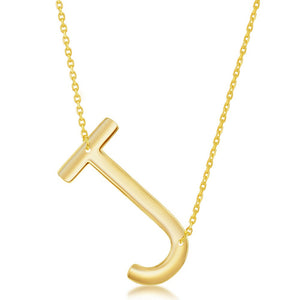 Sterling Silver (35MM) Large Sideways J Initial Necklace - Gold Plated