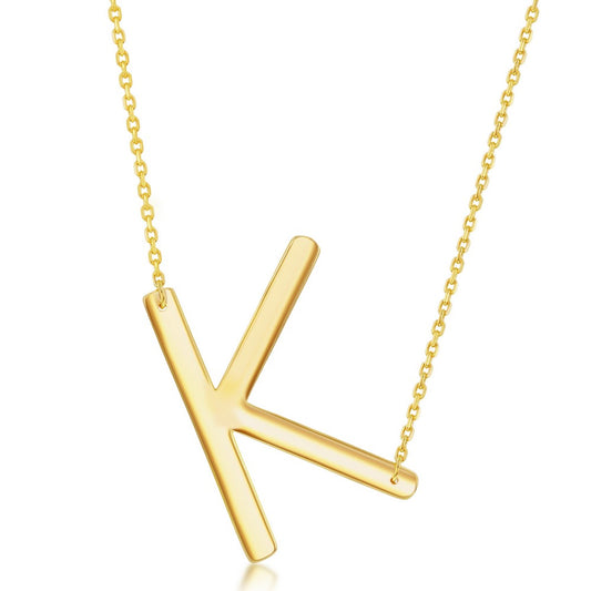 Sterling Silver (35MM) Large Sideways K Initial Necklace - Gold Plated