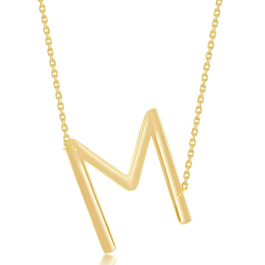 Sterling Silver (35MM) Large Sideways M Initial Necklace - Gold Plated