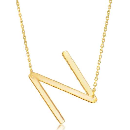 Sterling Silver (35MM) Large Sideways N Initial Necklace - Gold Plated