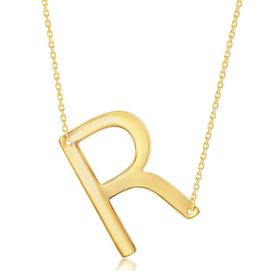 Sterling Silver (35MM) Large Sideways R Initial Necklace - Gold Plated
