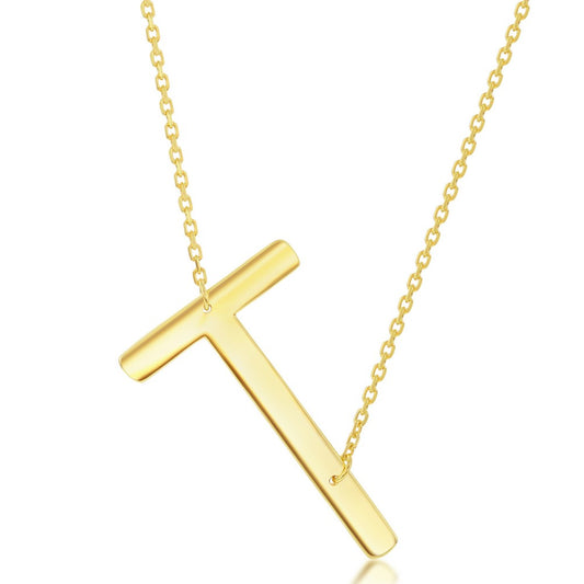 Sterling Silver (35MM) Large Sideways T Initial Necklace - Gold Plated