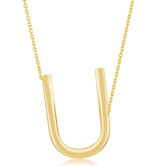 Sterling Silver (35MM) Large Sideways U Initial Necklace - Gold Plated
