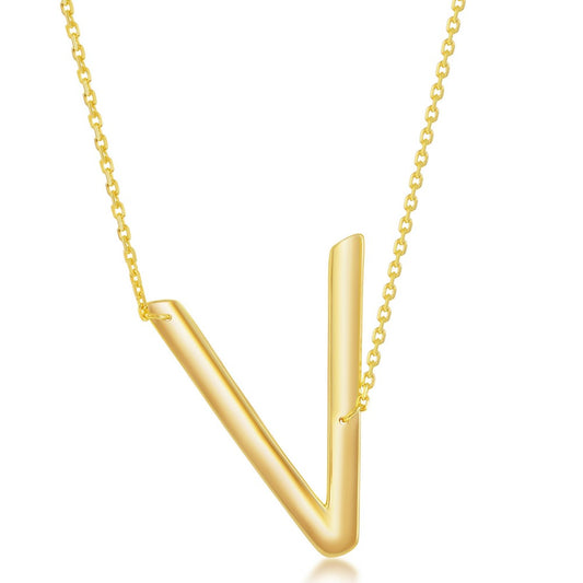 Sterling Silver (35MM) Large Sideways V Initial Necklace - Gold Plated