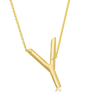 Sterling Silver (35MM) Large Sideways Y Initial Necklace - Gold Plated