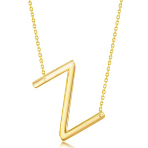 Sterling Silver (35MM) Large Sideways Z Initial Necklace - Gold Plated
