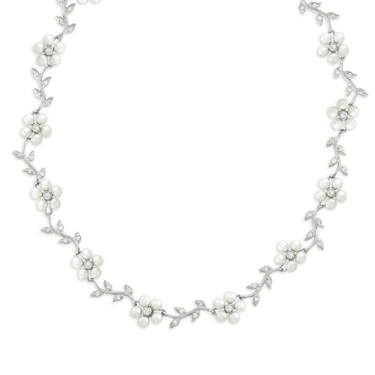 Sterling Silver Alternating White FWP Flowers & Clear CZ Leaves On Branch Necklace