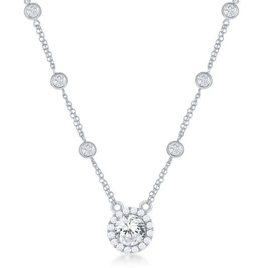 Sterling Silver CZ By The Yard With Large Round CZ Necklace