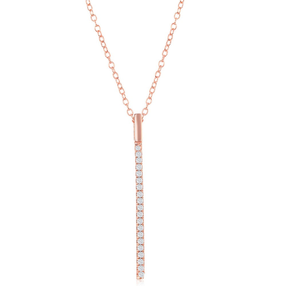 Sterling Silver CZ Vertical Bar Necklace - Rose Gold Plated