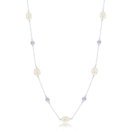 Sterling Silver Bezel Set CZ and Freshwater Pearl Necklace