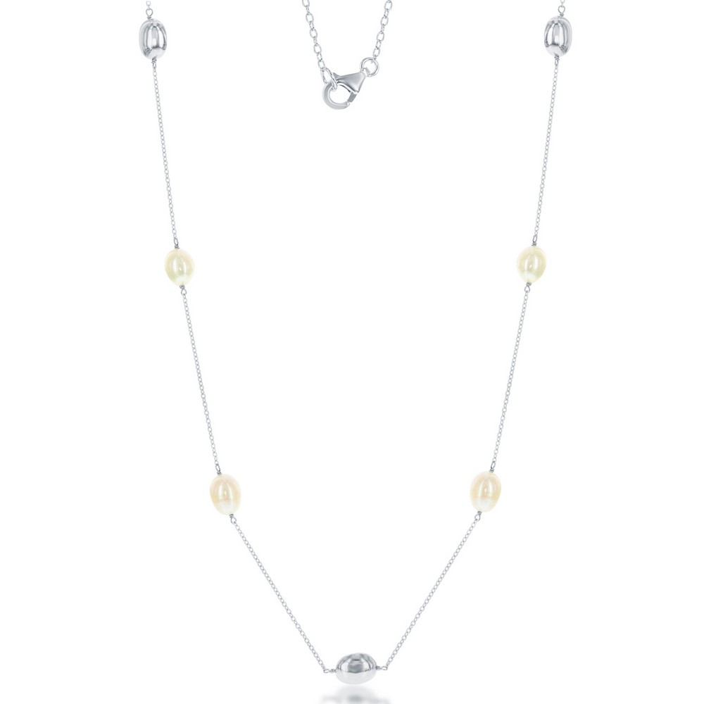 Sterling Silver Oval Freshwater Pearls with Shiny Beads Necklace