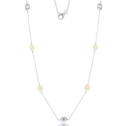 Sterling Silver Oval Freshwater Pearls with Shiny Beads Necklace