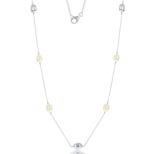 Sterling Silver Oval Freshwater Pearls with Shiny Beads Necklace