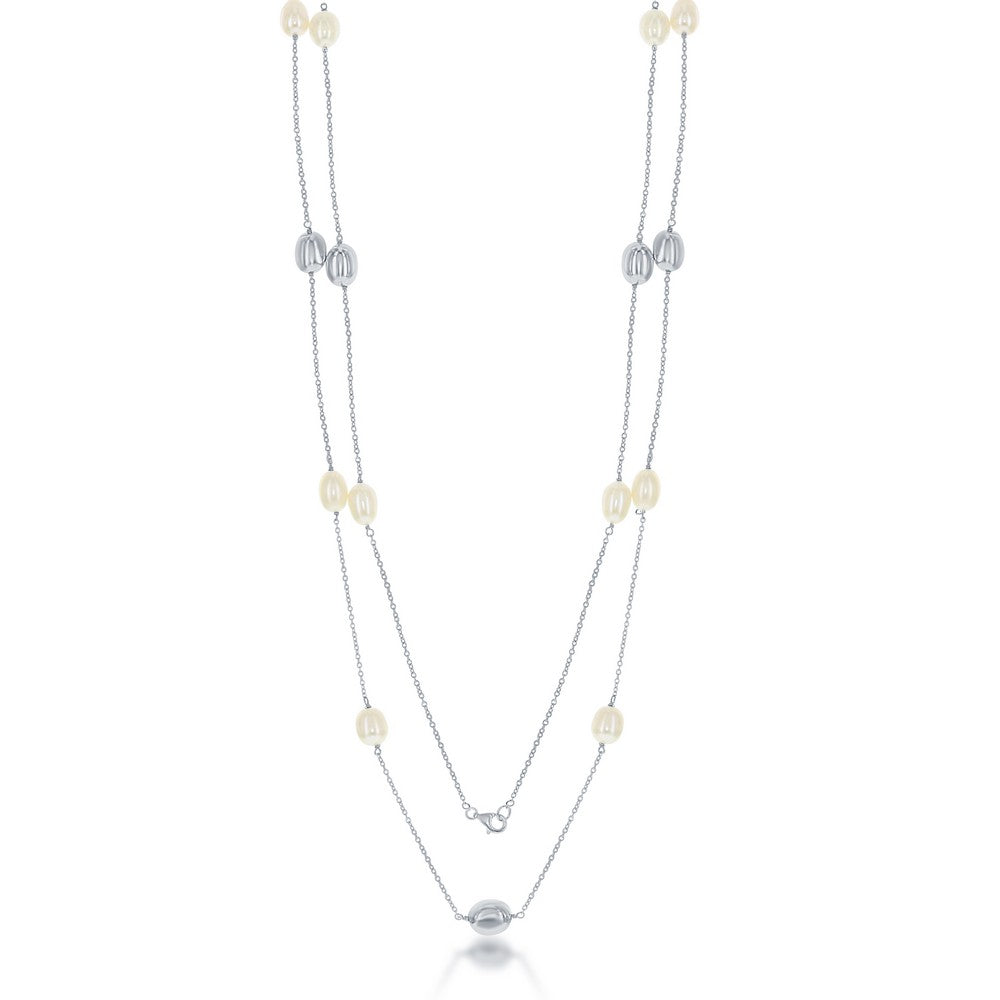 Sterling Silver Oval Freshwater Pearls with Shiny Beads Necklace