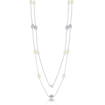 Sterling Silver Oval Freshwater Pearls with Shiny Beads Necklace