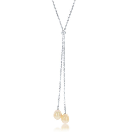 Sterling Silver Adjustable Bolo Box Chain with Large Double Freshwater Pearls Necklace