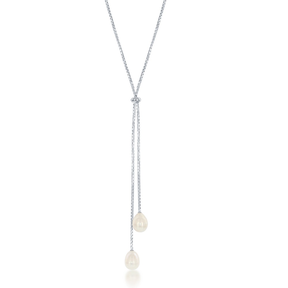 Sterling Silver Adjustable Bolo Box Chain with Large Double Freshwater Pearls Necklace