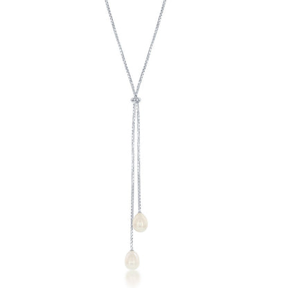 Sterling Silver Adjustable Bolo Box Chain with Large Double Freshwater Pearls Necklace