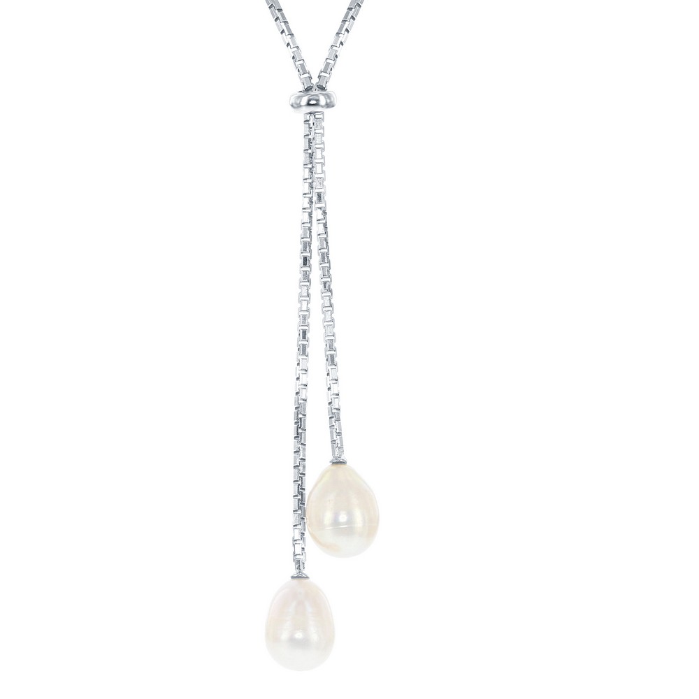 Sterling Silver Adjustable Bolo Box Chain with Large Double Freshwater Pearls Necklace