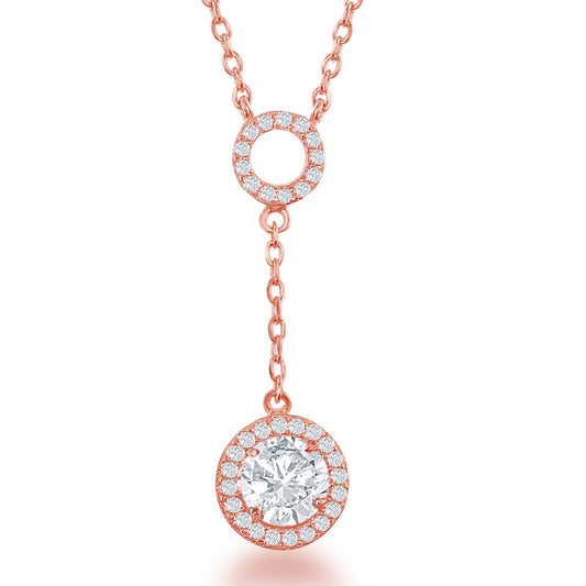Sterling Silver Open CZ Circle with Round Dropdown CZ Necklace - Rose Gold Plated