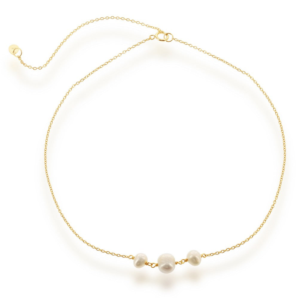 Sterling Silver Three Station Freshwater Pearls Choker - Gold Plated