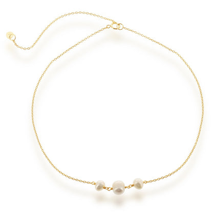 Sterling Silver Three Station Freshwater Pearls Choker - Gold Plated