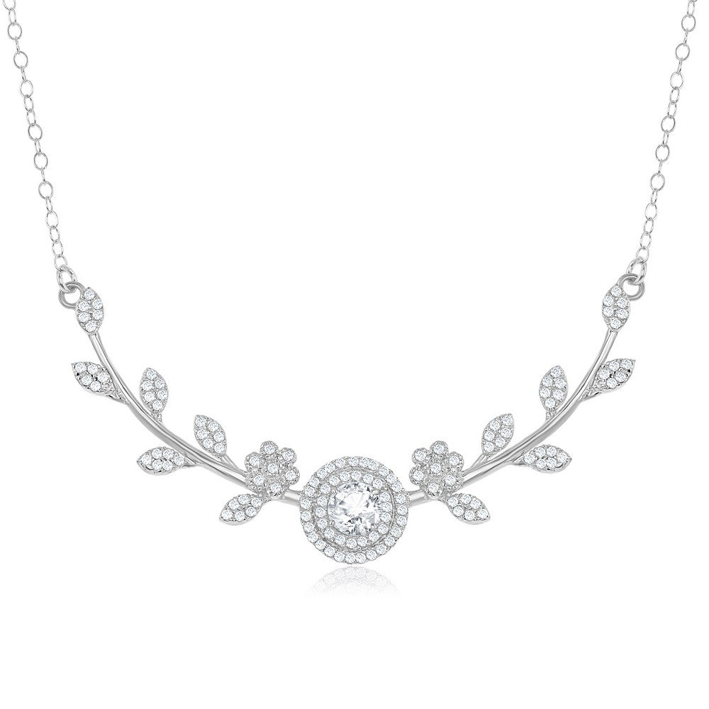 Sterling Silver Round Center CZ With  Surrounding Flowers & Leafs Necklace