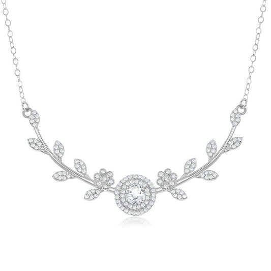 Sterling Silver Round Center CZ With  Surrounding Flowers & Leafs Necklace