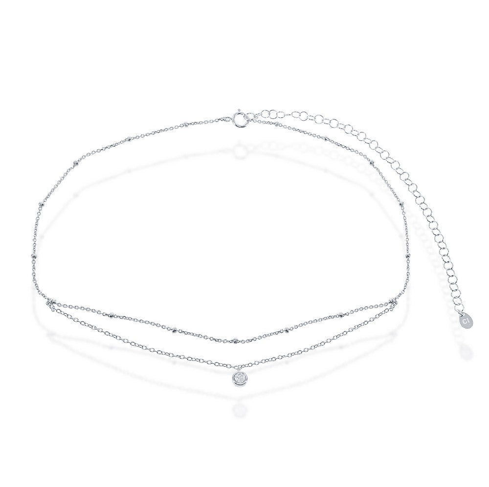 Sterling Silver Double Strand Small Beads by the Yard With  Center Bezel-Set CZ Choker