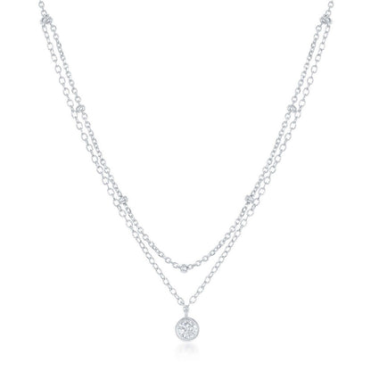 Sterling Silver Double Strand Small Beads by the Yard With  Center Bezel-Set CZ Choker