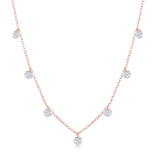 Sterling Silver with Hanging CZ's Necklace - Rose Gold Plated
