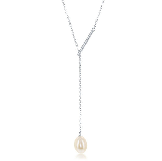 Sterling Silver CZ Bar with Hanging FWP Lariat Y Necklace