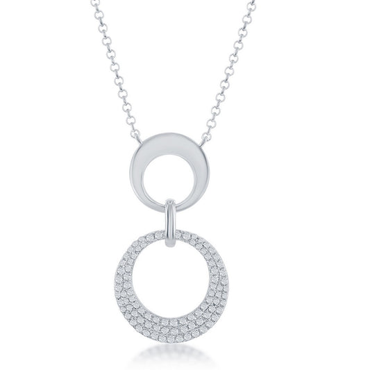 Sterling Silver Shiny Open Circle & Mirco Pave Open Circle Necklace