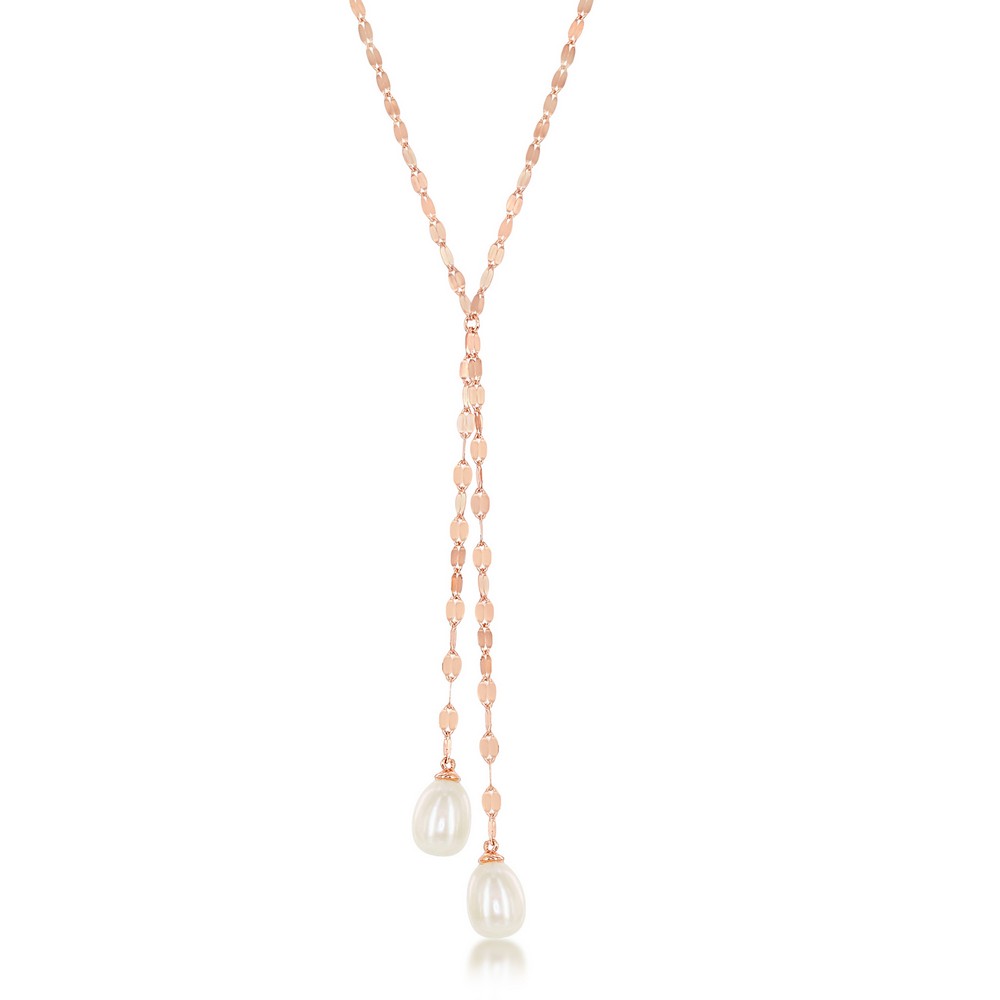 Sterling Silver Mirror Chain with FWP Lariat Necklace - Rose Gold Plated