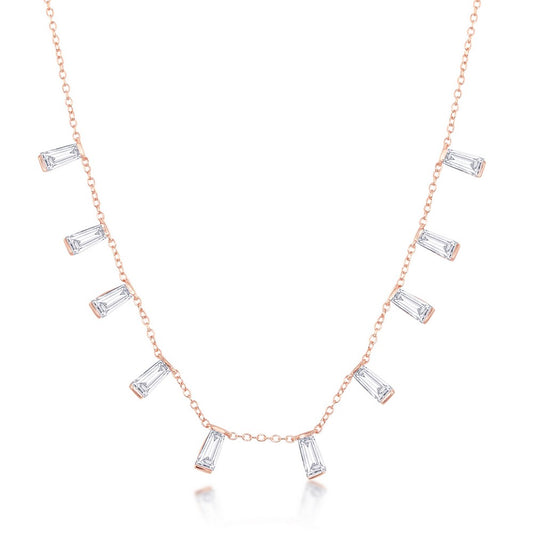 Sterling Silver Dangling Baguettes Necklace - Rose Gold Plated