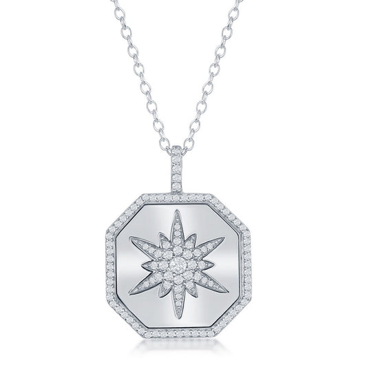 Sterling Silver Hexagon with Center North Star CZ Necklace