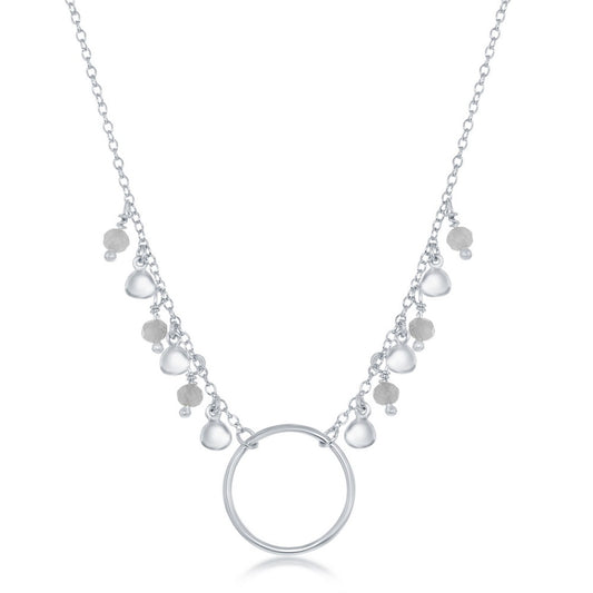 Sterling Silver Dangling Labradorite & Discs Center Open Circle Necklace