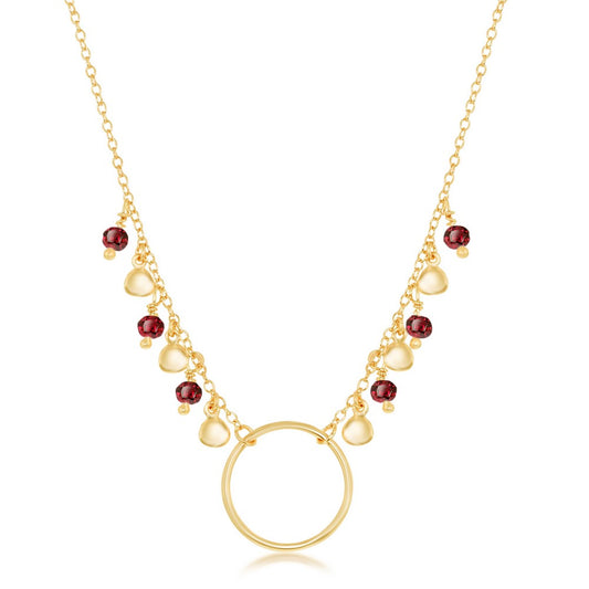 Sterling Silver Gold Plated Dangling Garnet & Discs Center Open Circle Necklace
