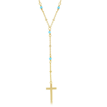Sterling Silver Turquoise & Plain Beads by the Yard Cross Neckalce - Gold Plated