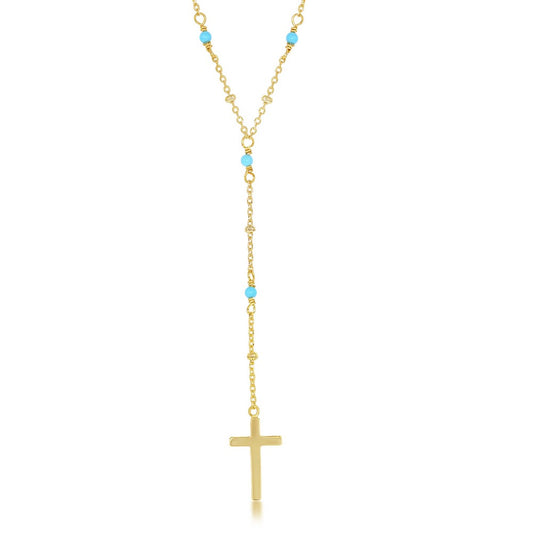Sterling Silver Turquoise & Plain Beads by the Yard Cross Neckalce - Gold Plated