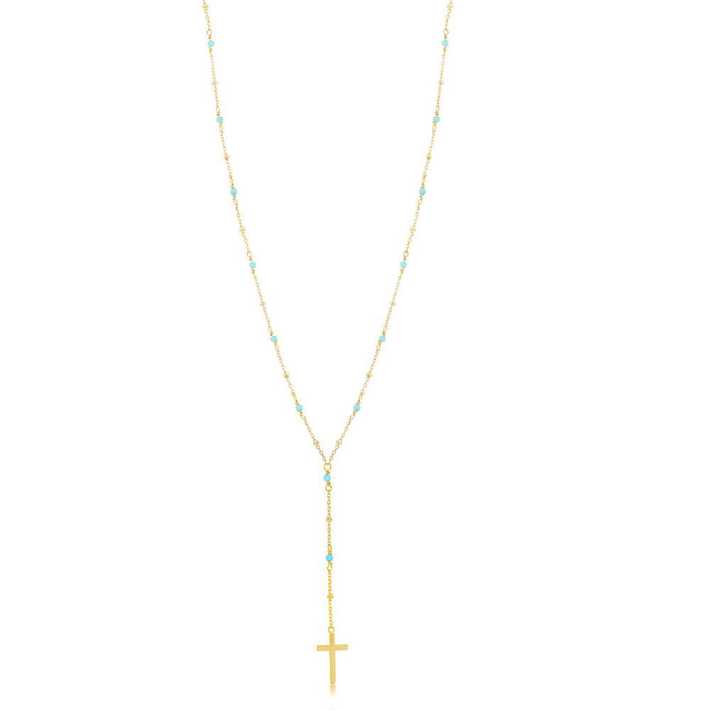 Sterling Silver Turquoise & Plain Beads by the Yard Cross Neckalce - Gold Plated