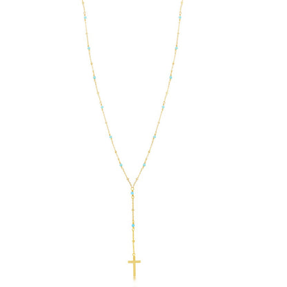 Sterling Silver Turquoise & Plain Beads by the Yard Cross Neckalce - Gold Plated