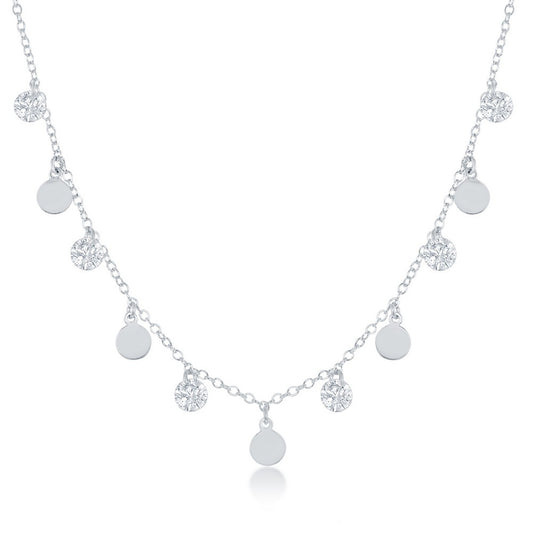 Sterling Silver Dangling CZ's and Discs Necklace